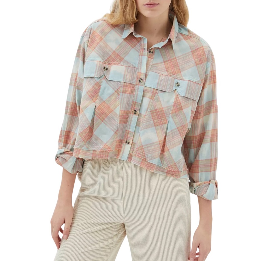 BDG Callum Cropped Oversized Plaid Shacket - S - Blue, Orange